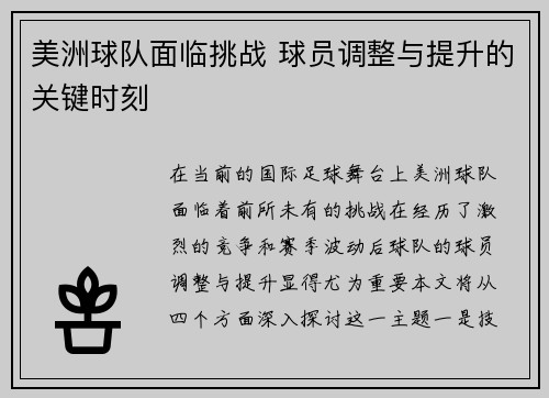 美洲球队面临挑战 球员调整与提升的关键时刻