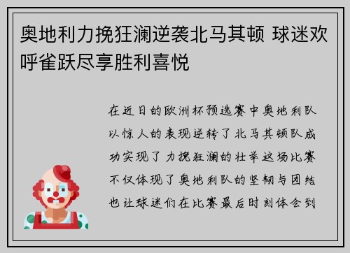 奥地利力挽狂澜逆袭北马其顿 球迷欢呼雀跃尽享胜利喜悦