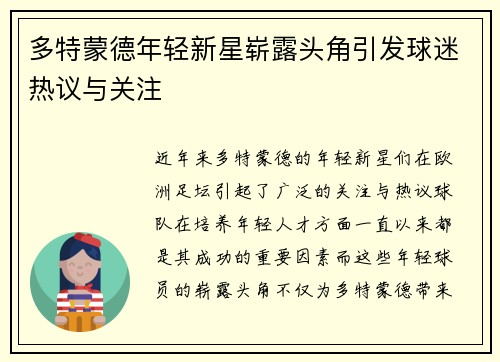 多特蒙德年轻新星崭露头角引发球迷热议与关注