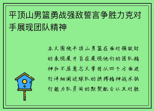 平顶山男篮勇战强敌誓言争胜力克对手展现团队精神