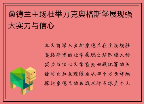 桑德兰主场壮举力克奥格斯堡展现强大实力与信心