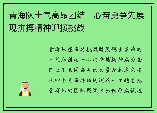 青海队士气高昂团结一心奋勇争先展现拼搏精神迎接挑战