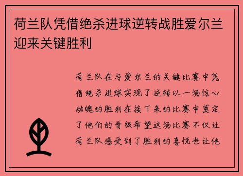 荷兰队凭借绝杀进球逆转战胜爱尔兰迎来关键胜利