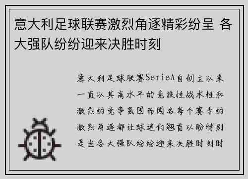 意大利足球联赛激烈角逐精彩纷呈 各大强队纷纷迎来决胜时刻