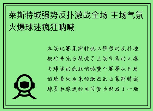莱斯特城强势反扑激战全场 主场气氛火爆球迷疯狂呐喊