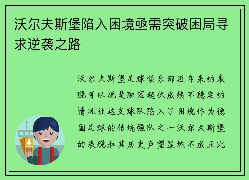 沃尔夫斯堡陷入困境亟需突破困局寻求逆袭之路
