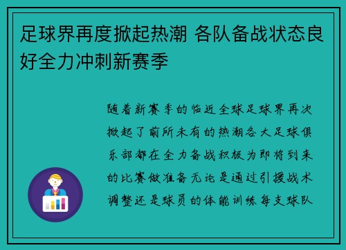 足球界再度掀起热潮 各队备战状态良好全力冲刺新赛季