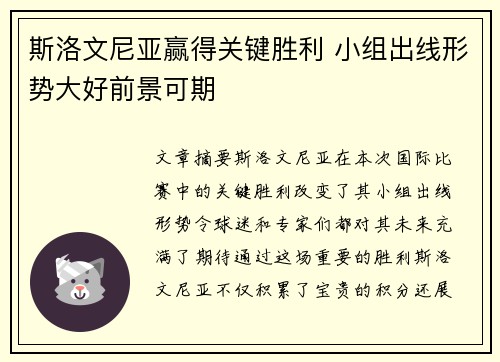 斯洛文尼亚赢得关键胜利 小组出线形势大好前景可期