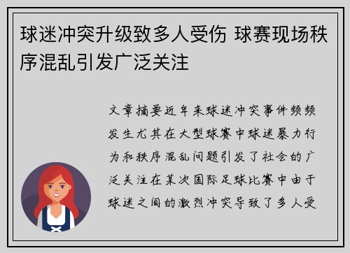 球迷冲突升级致多人受伤 球赛现场秩序混乱引发广泛关注